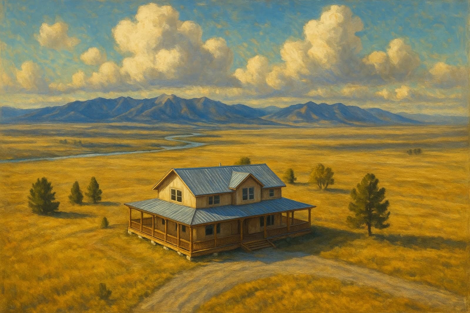 A ranch house seen from a high aerial drone view over golden Montana plains beneath the distant Rockies