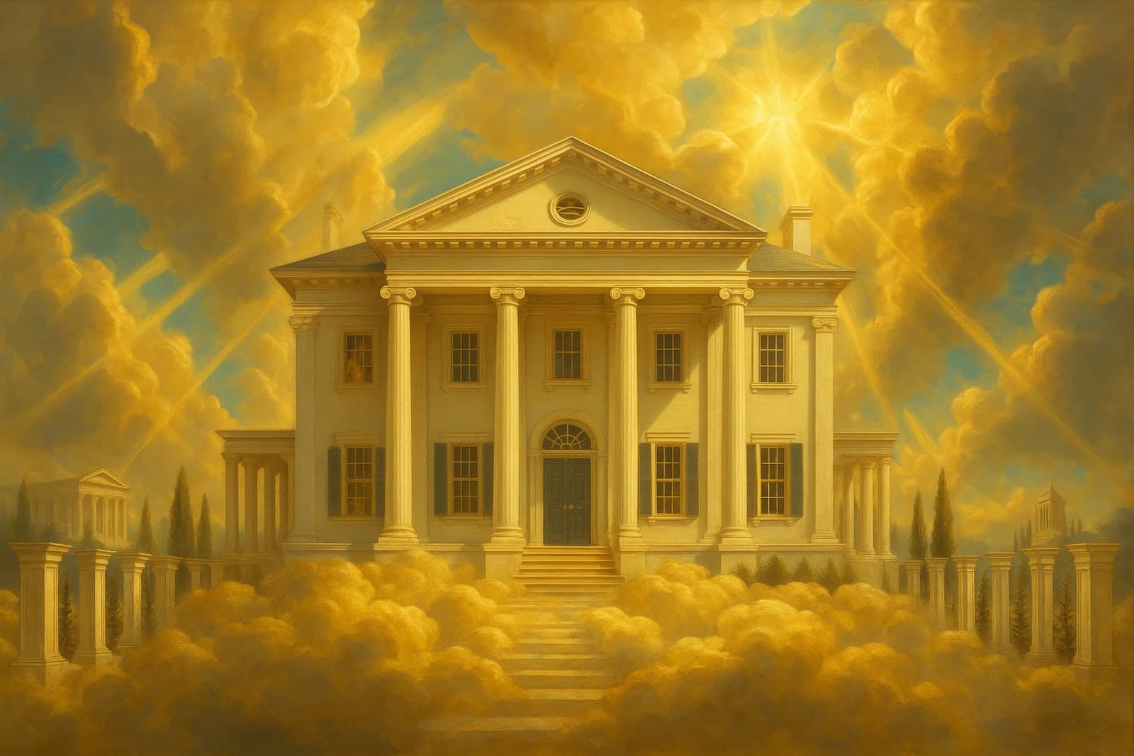 A white columned Greek-revival home rendered as an Olympian palace in the clouds