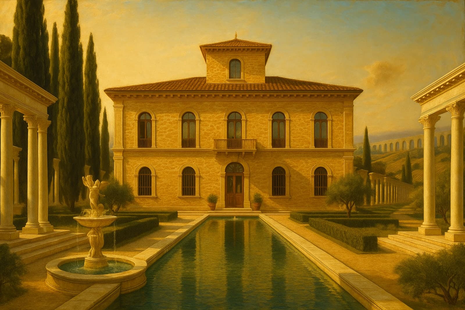 An Italianate stone villa set at the heart of a grand Roman estate with colonnades and reflecting pools