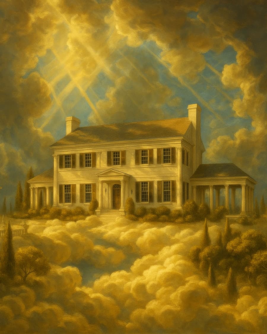 A suburban colonial rendered as an Olympian palace