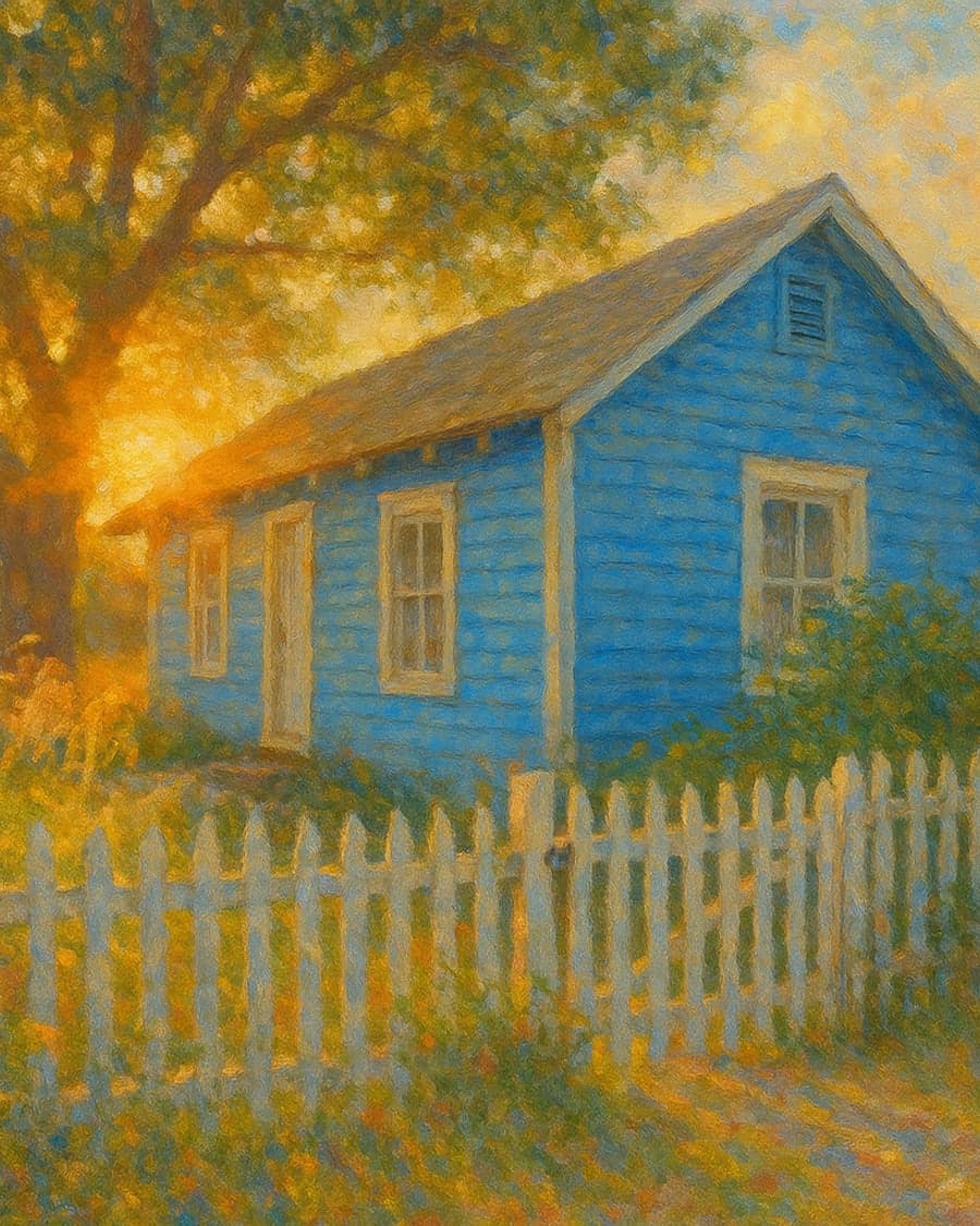 A blue cottage in shimmering golden-hour impressionism