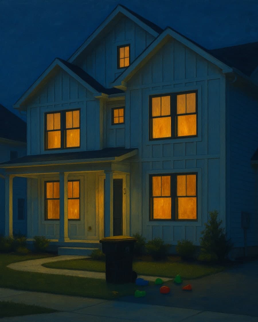 A farmhouse aglow at dusk in American-realist stillness, after Hopper