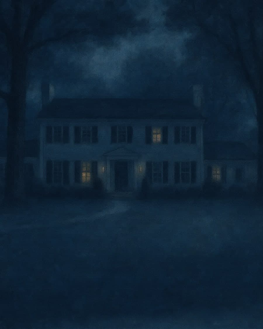 A colonial home in a hushed moonlight nocturne, after Whistler