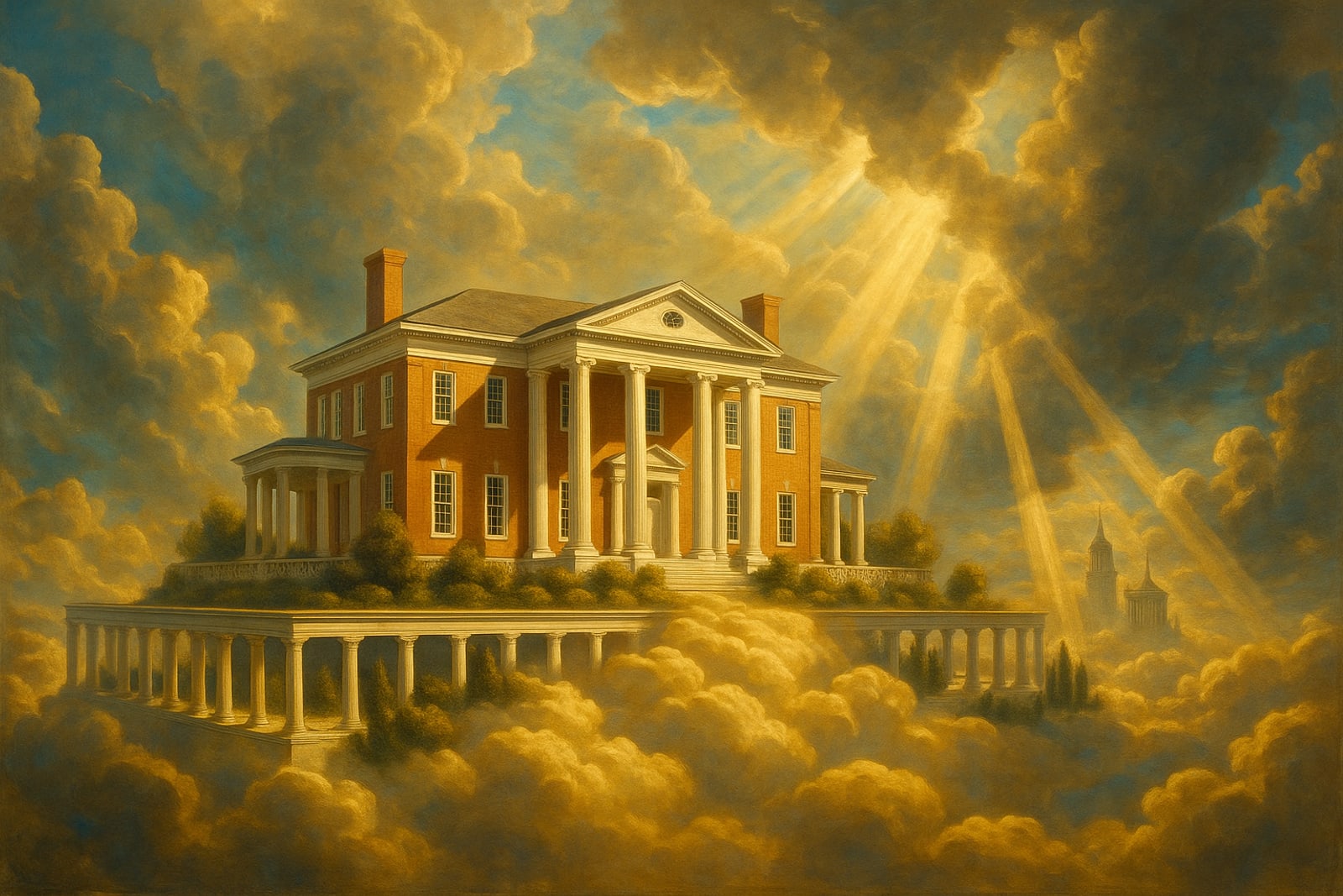 A grand columned manor transfigured into a celestial Greek palace among gilded clouds
